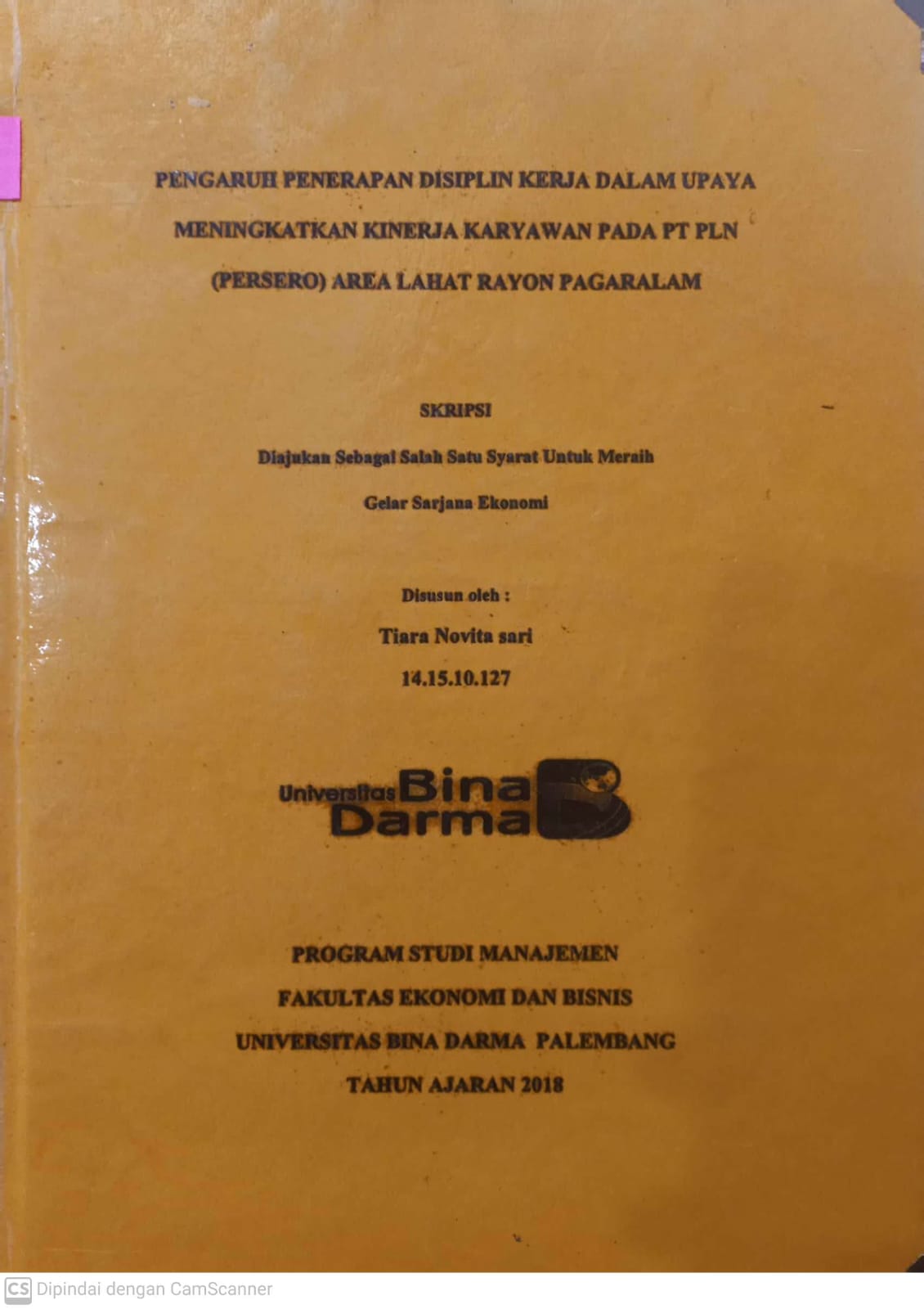 Cover PENGARUH PENERAPAN DISIPLIN KERJA DALAM UPAYA MENINGKATKAN KINERJA KARYAWAN PADA PT PLN (PERSERO) AREA LAHAT RAYON PAGARALAM / TIARA NOVITA SARI
