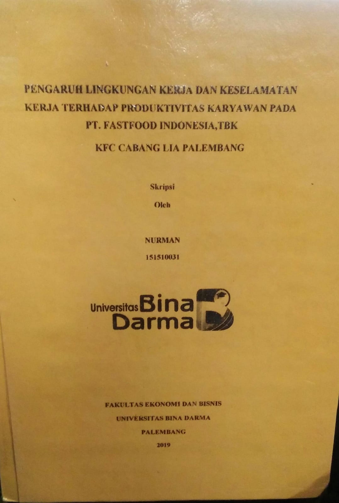 Cover PENGARUH LINGKUNGAN KERJA DAN KESELAMATAN KERJA TERHADAP PRODUKTIVITAS KARYAWAN PADA PT. FASTFOOD INDONESIA, TBK KFC CABANG LIA PALEMBANG / Nurman