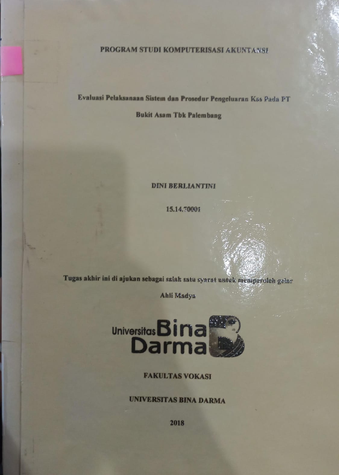 Cover Evaluasi Pelaksanaan Sistem dan Prosedur Pengeluaran Kas Pada PT Bukit Asam Tbk Palembang / Dini Berliantini