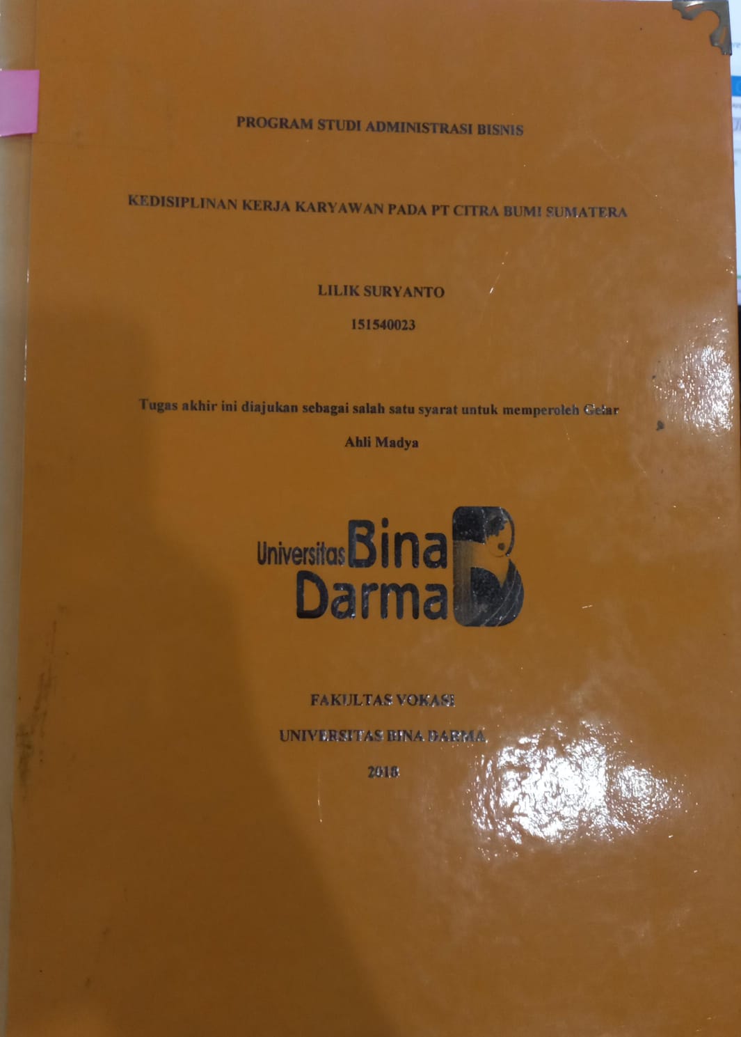 Cover KEDISIPLINAN KERJA KARYAWAN PT CITRA BUMI SUMATERA / LILIK SURYANTO
