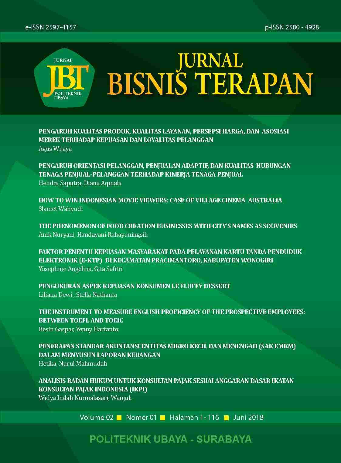 Cover JURNAL BISNIS TERAPAN / Agus Wijaya