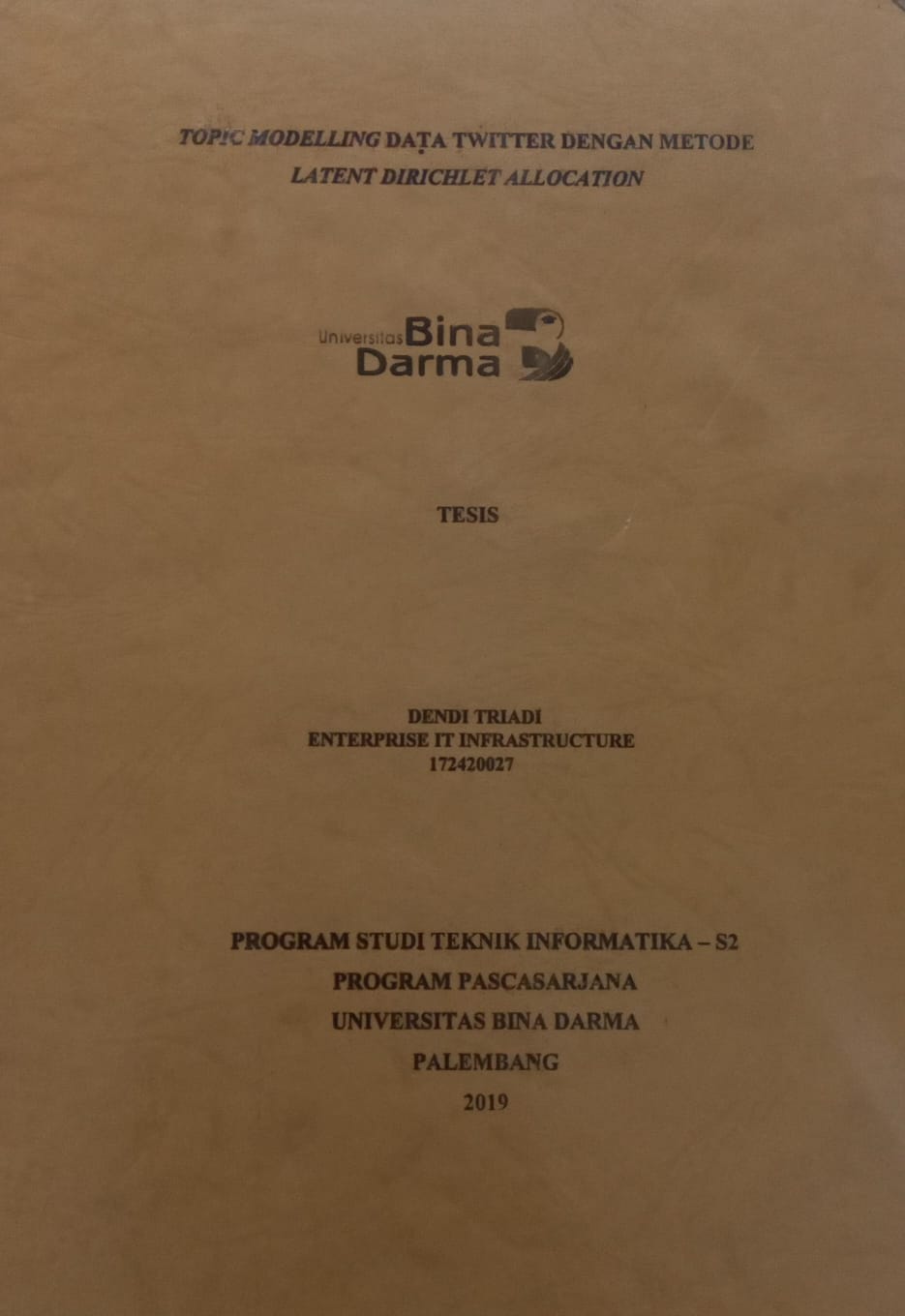 Cover TOPIC MODELLING DATA TWITTER DENGAN METODE LATENT DIRICHLET ALLOCATION / DENDI TRIADI