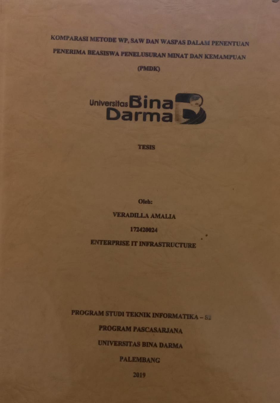 Cover KOMPARASI METODE WP,SAW DAN WASPAS DALAM PENENTUAN PENERIMA BEASISWA PENELUSURAN MINAT DAN KEMAMPUAN / VERADILLA AMALIA