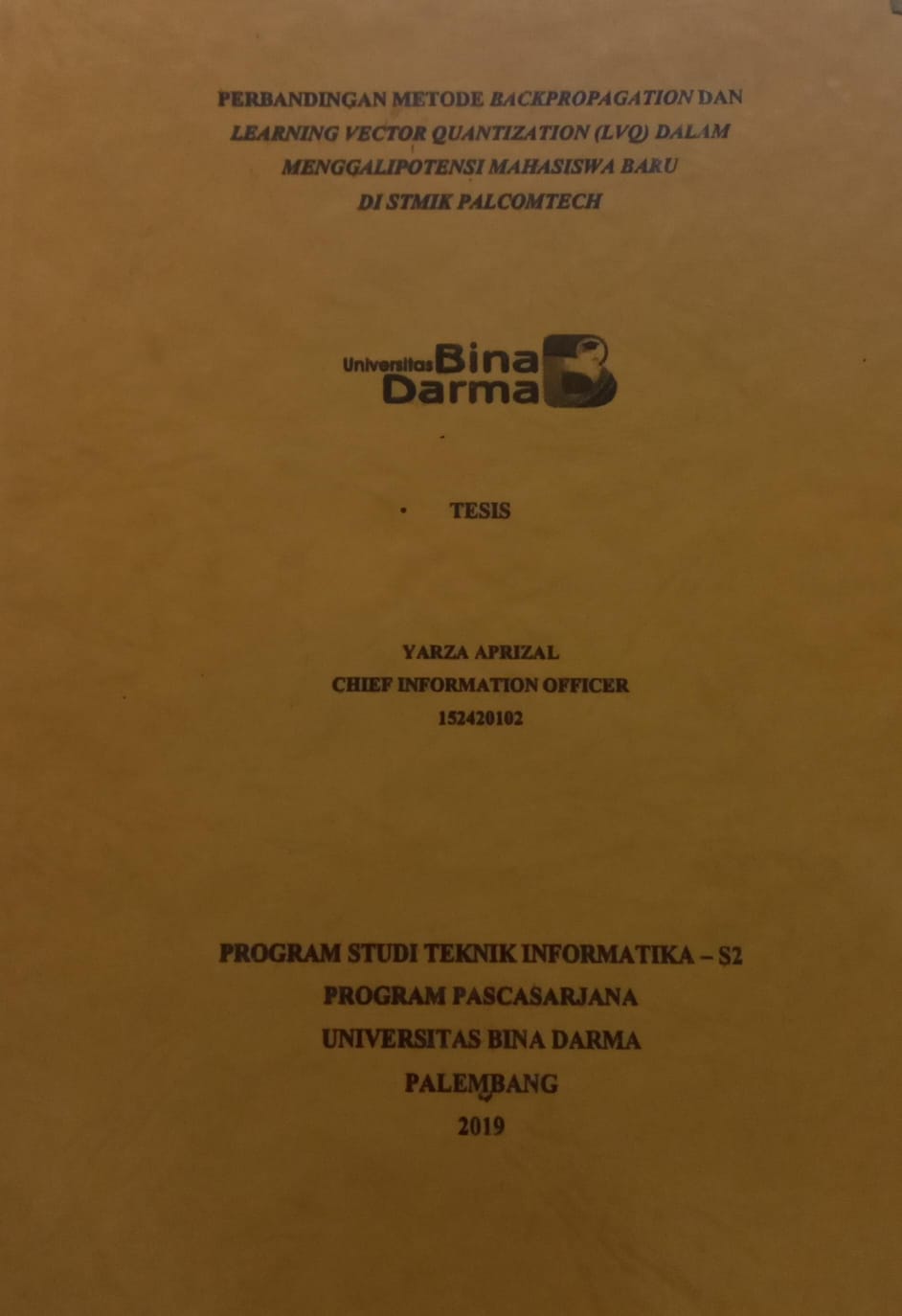 Cover PERBANDINGAN METODE BACKPROGATION DAN LEARING VECTOR QUANTIZATION (LVQ) DALAM MENGGALIPOTENSI MAHASISWA BARU DI STMK PALCOMTECH / YARZA APRIZAL
