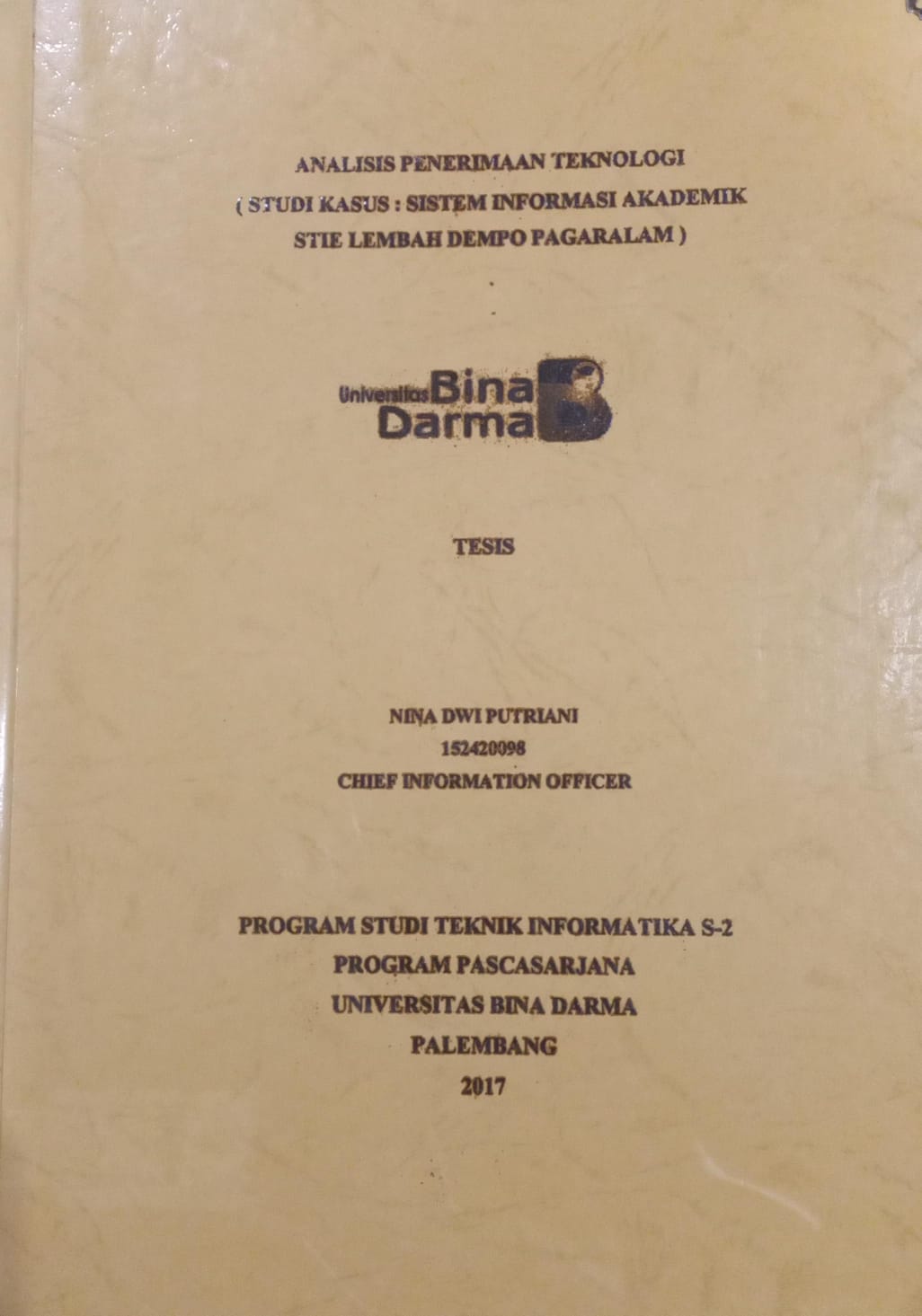 Cover ANALISIS PENERIMAAN TEKNOLOGI :  STUDI KASUS : SISTEM INFORMASI AKADEMIK STIE LEMBAH DEMPO PAGARALAM / NINA DWI PUTRIANI