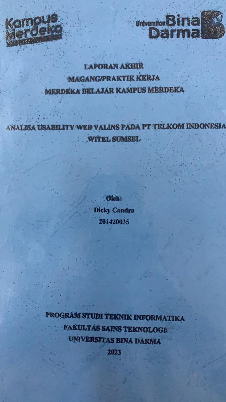 Cover ANALISIS USABILITY WEB VALINS PADA PT TELKOM INDONESIA WITEL SUMSEL / DICKY CANDRA