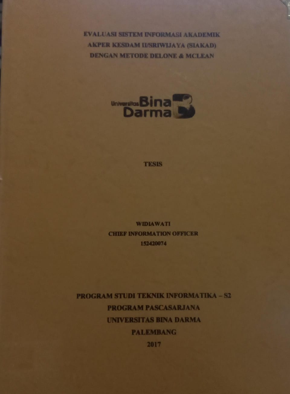 Cover EVALUASI SISTEM INFORMASI AKADEMIK AKPER KESDAM II/SRIWIJAYA (SIAKAD) DENGAN METODE DELONE & MCLEAN / WIDIAWATI