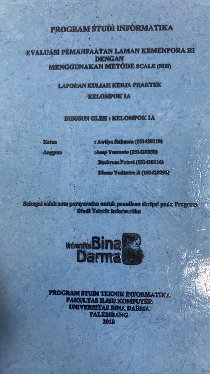Cover EVALUASI PEMANFAATAN LAMAN KEMENPORA RI DENGAN MENGGUNAKAN METODE SCALE (SUS) / AWLIYA RAHMA,DKK
