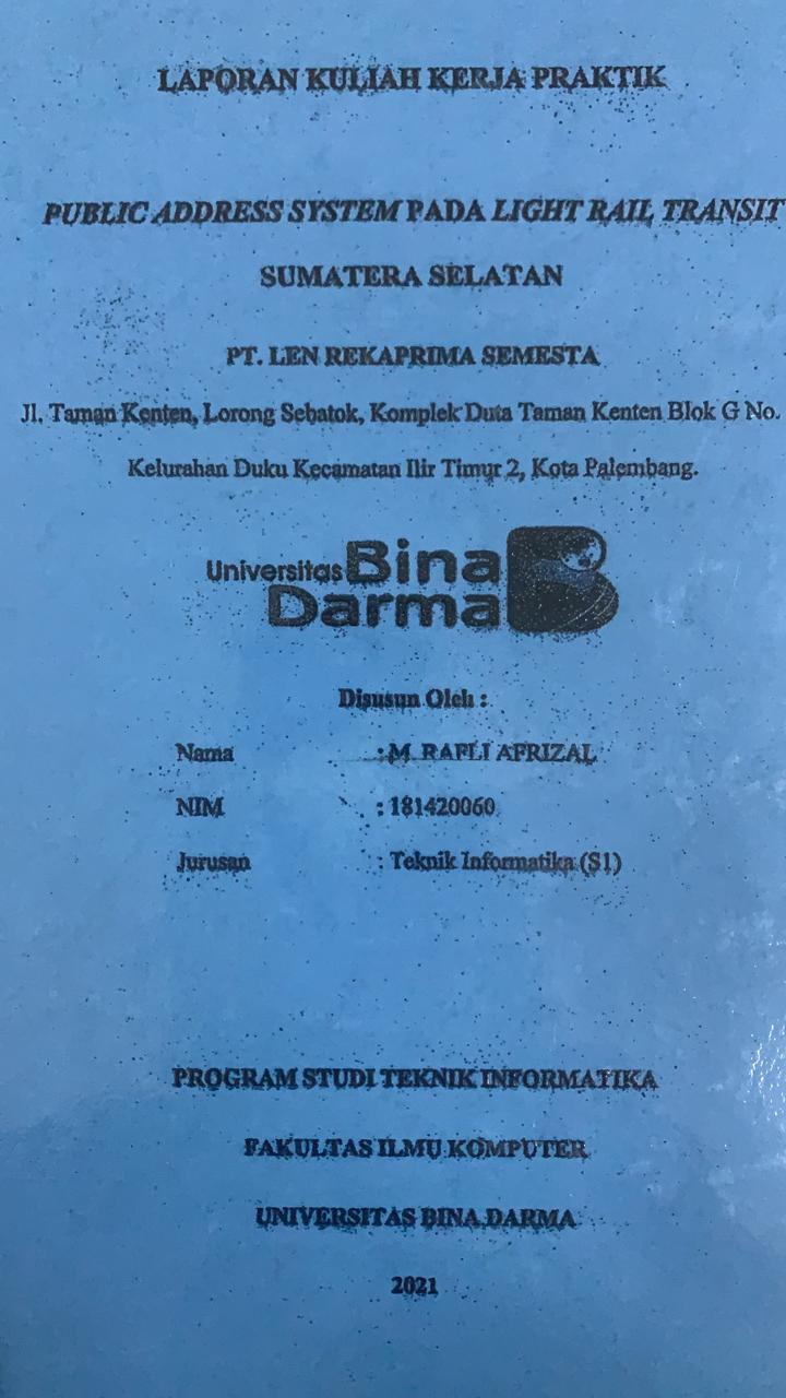 Cover PUBLIC ADDRESS SYSTEM PADA LIGHT RAIL TRANSIT SUMATERA SELATAN / M. RAFLI AFRIZAL