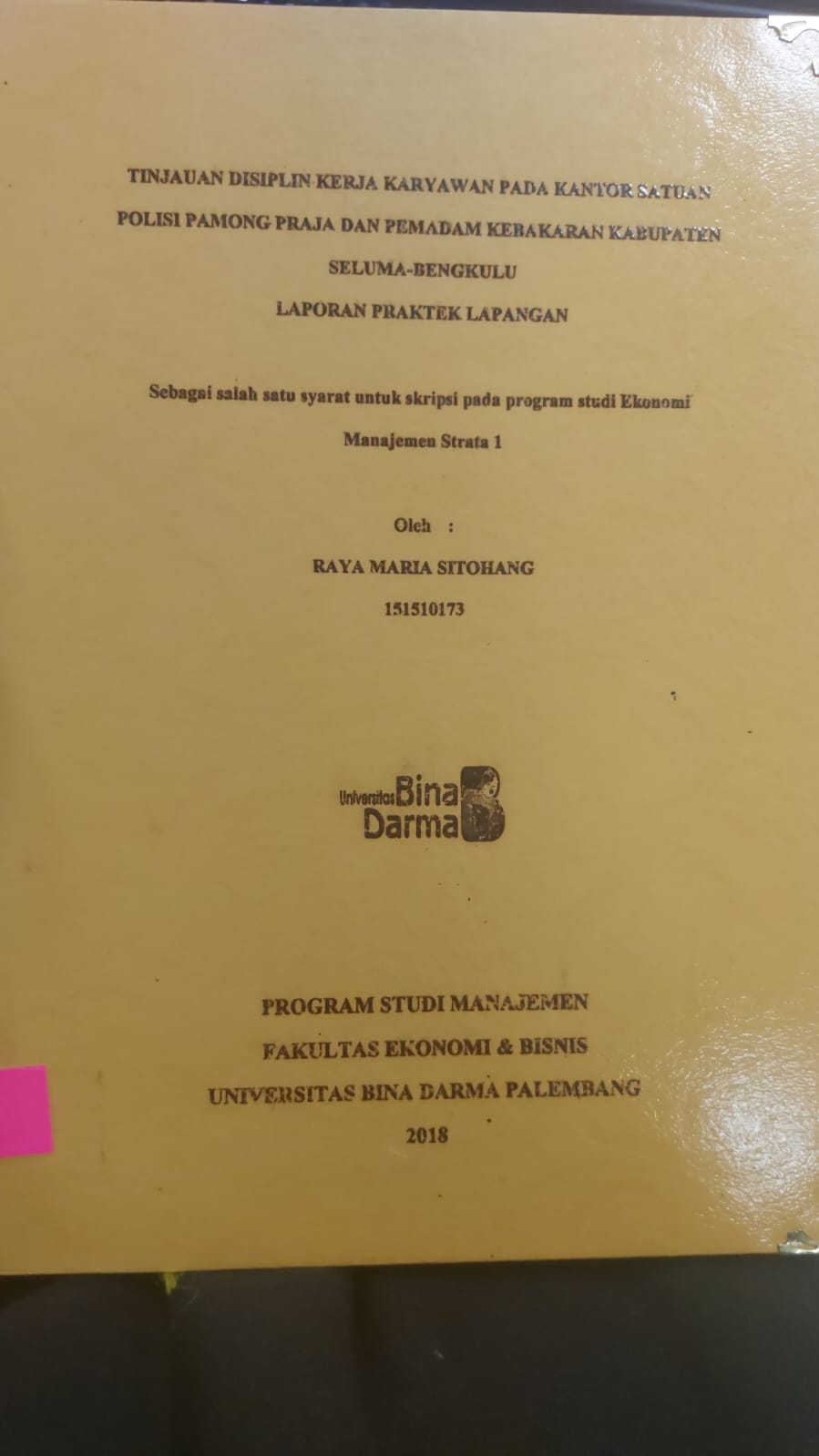 Cover TINJAUAN DISIPLIN KERJA KARYAWAN PADA KANTOR SATUAN POLISI PAMONG PRAJA DAN PEMADAM KEBAKARAN KABUPATEN SELUMA-BENGKULU / RAYA MARIA SITOHANG