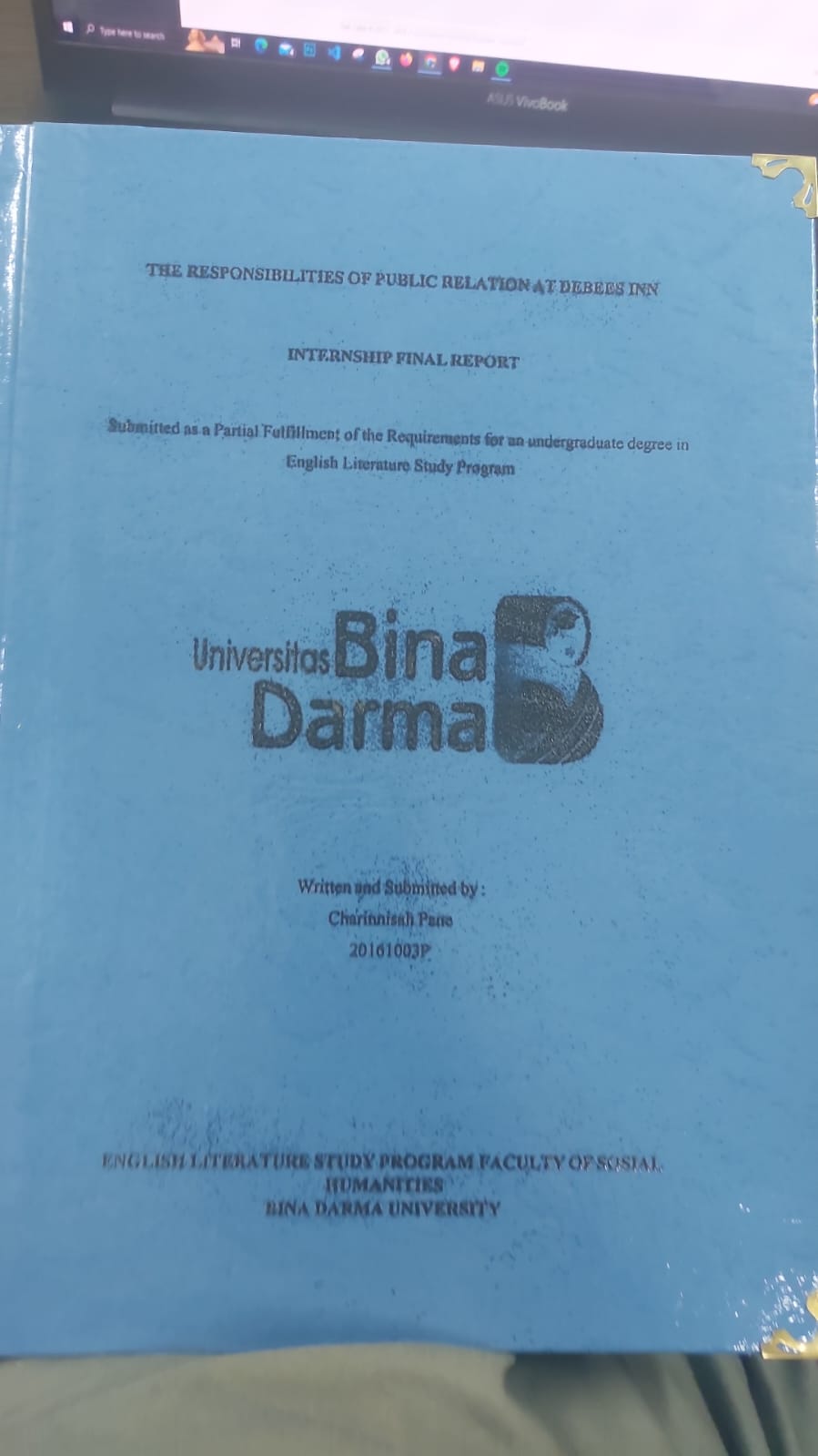 Cover SUBMITTED AS A PARTIAL FULFILLENT OF THE REQUIREMENTS FOR AN UNDERGRADUATE DEGREE IN / CHARINNISAH PANE