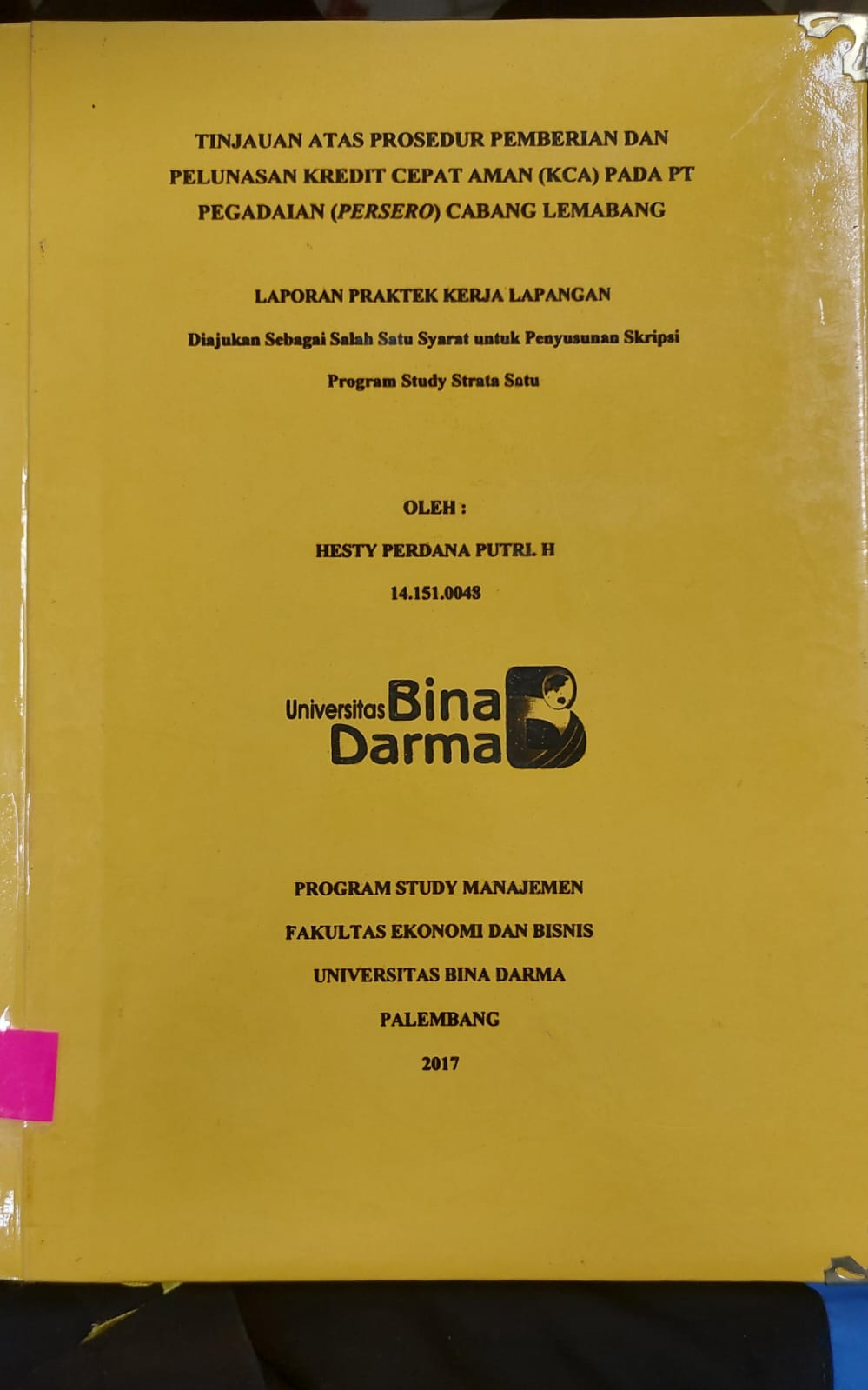 Cover TINJAUAN ATAS PROSEDUR PEMBERIAN DAN PELUNASAN KREDIT CEPAT AMAN (KCA) PADA PT PEGADAIAN (PERSERO) CABANG LEMABANG / HESTY PERDANA PUTRI