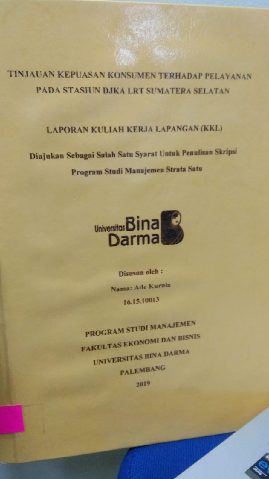 Cover TINJAUAN KEPUASAN KONSUMEN TERHADAP PELAYANAN PADA STASIUN DJKA LRT SUMATERA SELATAN / ADE KURNIA