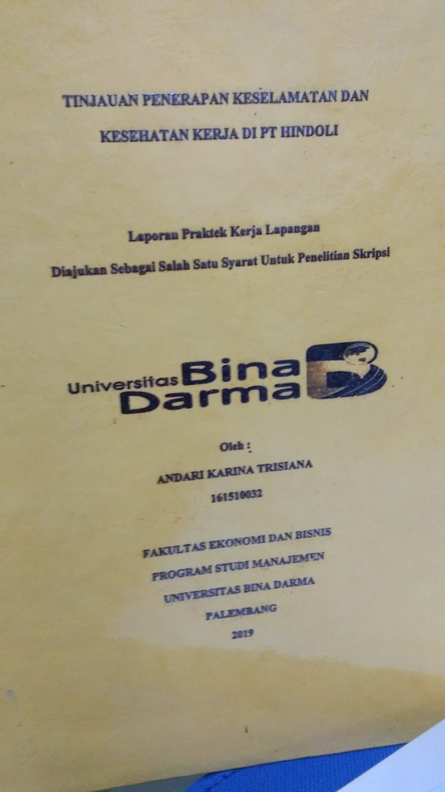 Cover TINJAUAN PENERAPAN KESELAMATAN DAN KESEHATAN KERJA DI PT HINDOLI / ANDARI KARINA TRISIANA