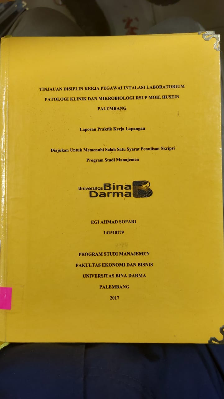 Cover TNJAUAN DISIPLIN KERJA PEGAWAI INSTALASI LABORATORIUM PATOLOGI KLINIK DAN MIKROBIOLOGI RSUP MOH.HUSEN PALEMBANG / EGI AHMAD  SOPARI