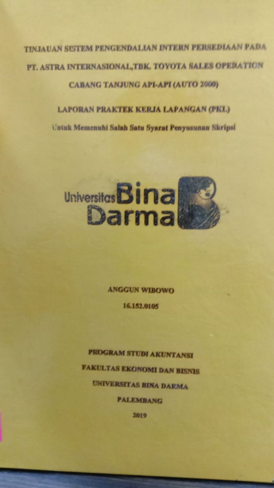 Cover TINJAUAN SISTEM PENGENDALIAN INTERN PERSEDIAAN PADA PT.ASTRA INTERNASIONAL, TBK.TOYOTA SALES OPERATION CABANG TANJUNG API-API (AUTO 2000) / ANGGUN WIBOWO