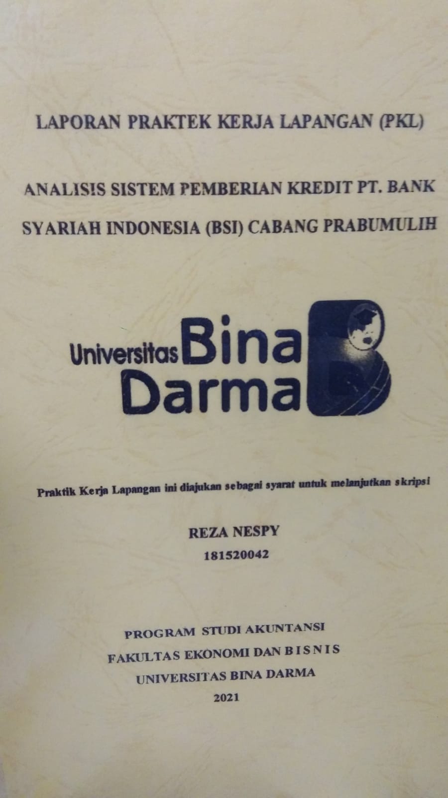 Cover ANALISIS SISTEM PEMBERIAN KREDIT PT. BANK SYARIAH INDONESIA (BSI) CABANG PRABUMULIH / REZA NESPY