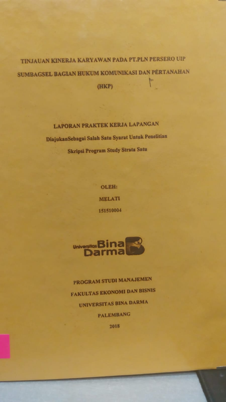 Cover TINJAUAN KINERJA KARYAWAN PADA PT.PLN PERSERO UIP SUMBAGSEL, BAGIAN HUKUM KOMUNIKASI DAN PERTAHANAN (HKP) / MELATI