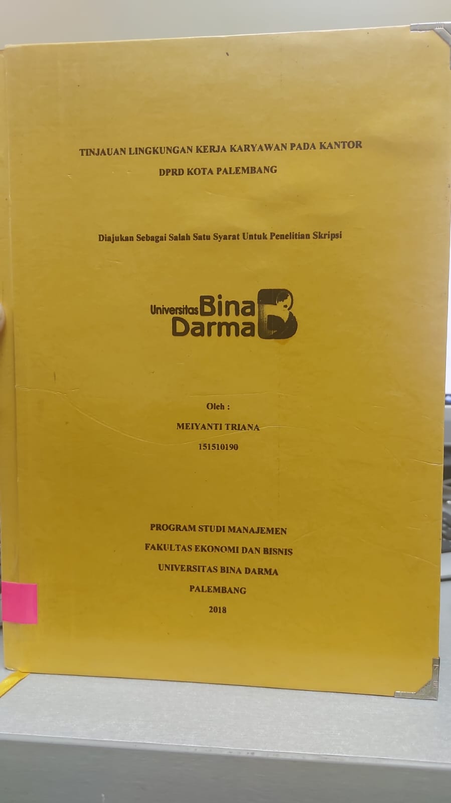 Cover TINJAUAN LINGKUNGAN KERJA KARYAWAN PADA KANTOR DPRD KOTA PALEMBANG / MEIYANTI TRIANA