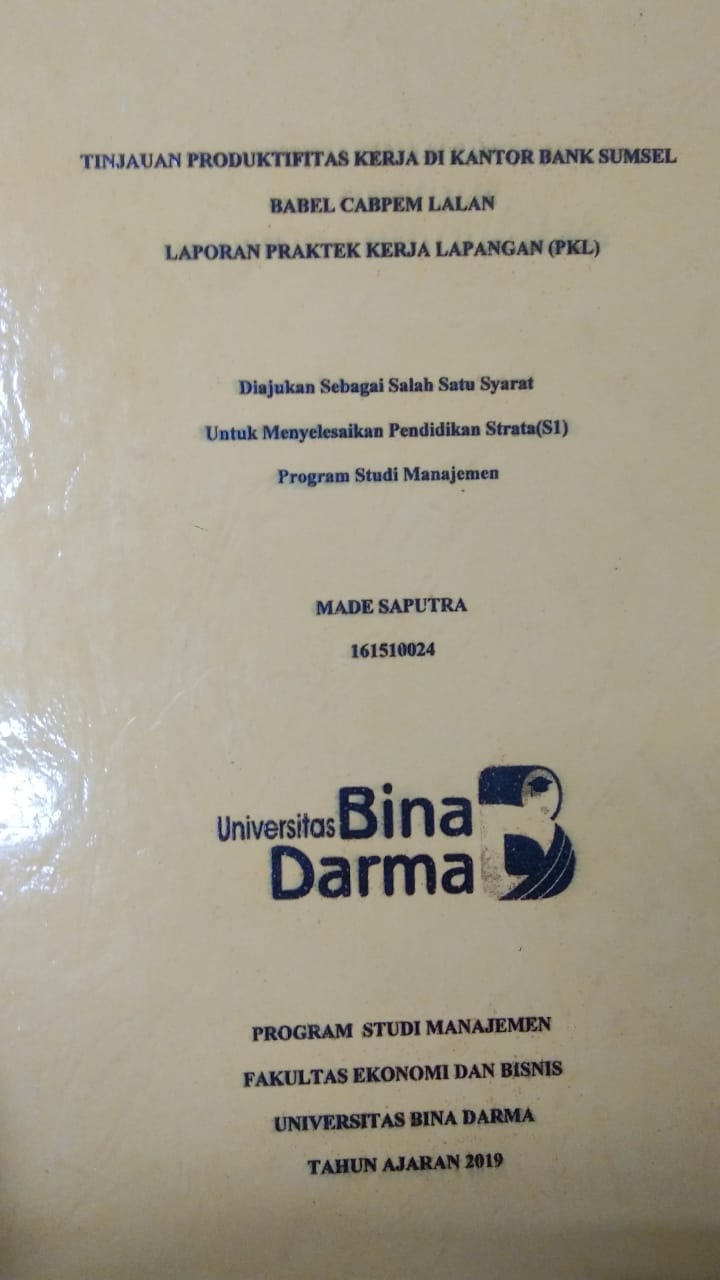 Cover TINJAUAN PRODUKTIFITAS KERJA DI KANTOR BANK SUMSEL BABEL CABPEM LALAN / MADE SAPUTRA