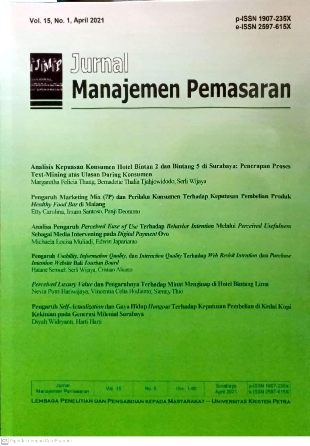 Cover JURNAL MANAJEMEN PEMASARAN / Hatane Semuel