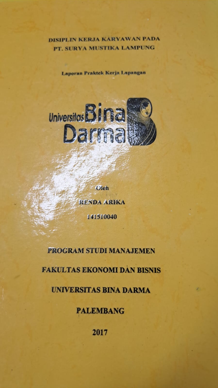 Cover DISIPLIN KERJA KARYAWAN PADA PT.SURYA MUSTIKA LAMPUNG / RENDA ARIKA