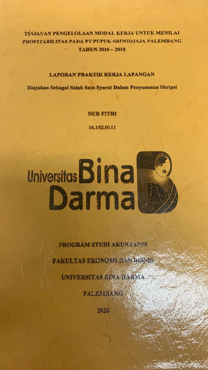 Cover TINJAUAN PENGELOLAAN MODAL KERJA UNTUK MENILAI PROFITABILITAS PADA PT. PUPUK SRIWIDJAJA PALEMBANG TAHUN 2016-2018 / NUR FITRI