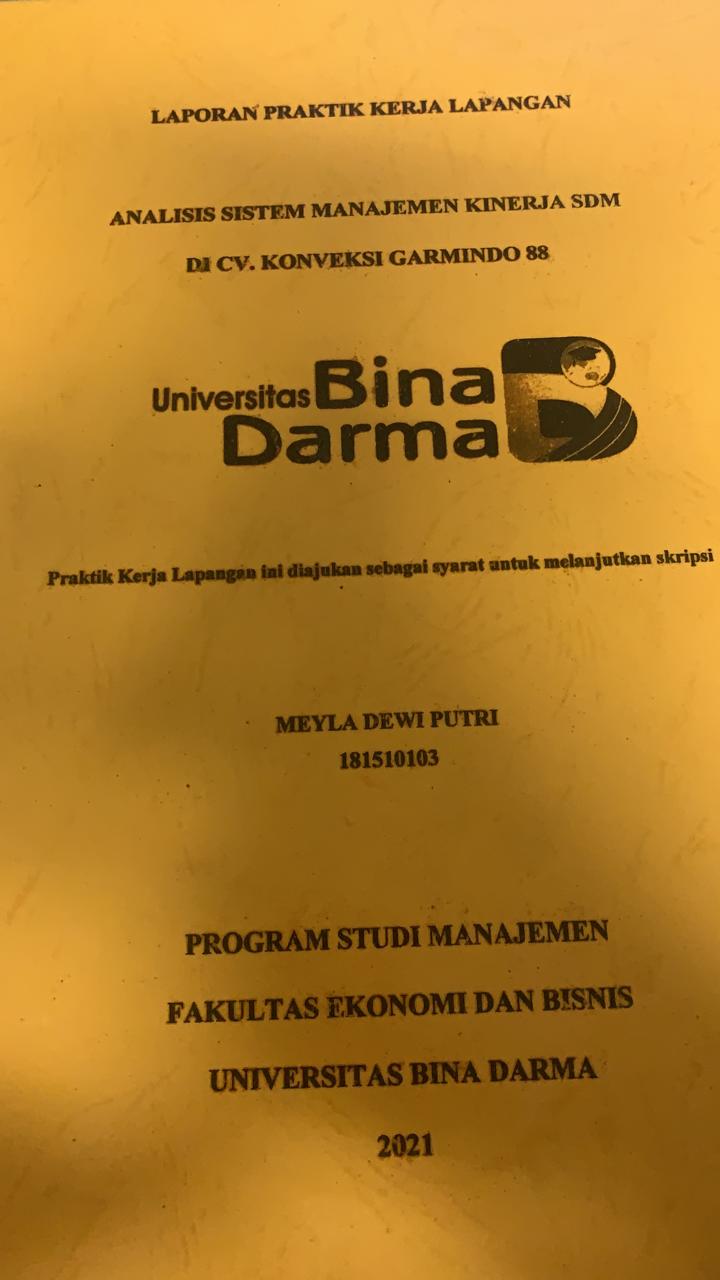 Cover ANALISIS SISTEM MANAJEMEN KINERJA SDM DI CV KONVEKSI GARMINDO 88 / MEYLA DEWI PUTRI