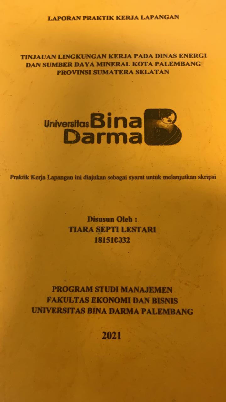Cover TINJAUAN LINGKUNGAN KERJA PADA DINAS ENERGI DAN SUMBER DAYA MINERAL KOTA PALEMBANG PROVINSI SUMATERA SELATAN / TIARA SEPTI LESTARI