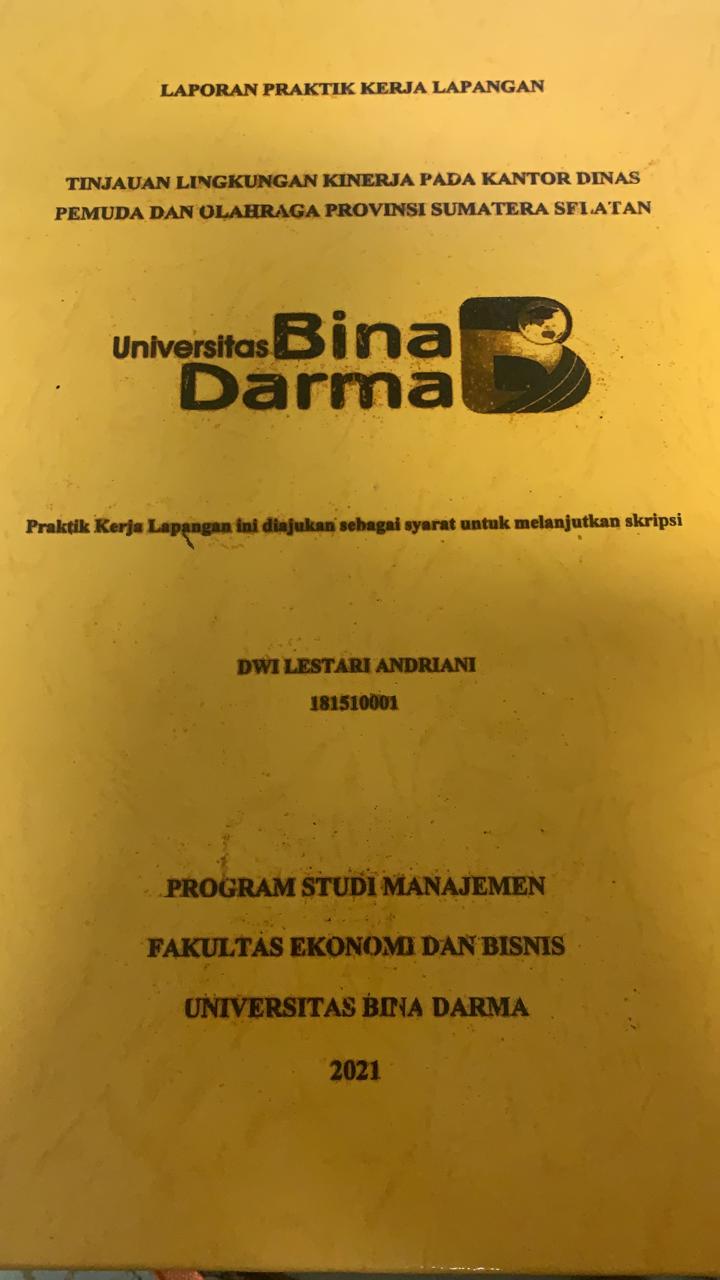 Cover TINJAUAN LINGKUNGAN KINERJA PADA KANTOR DINAS PEMUDA DAN OLAHRAGA PROVINSI SUMATERA SELATAN / DWI LESTARI ANDRIANI