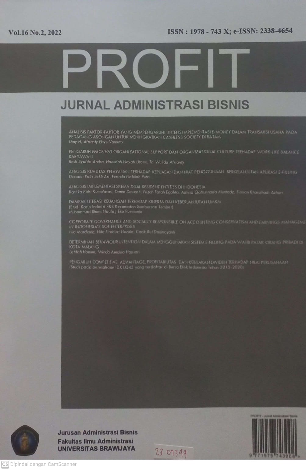 Cover PROFIT :  JURNAL ADMINISTRASI BISNIS / Universitas Brawijaya