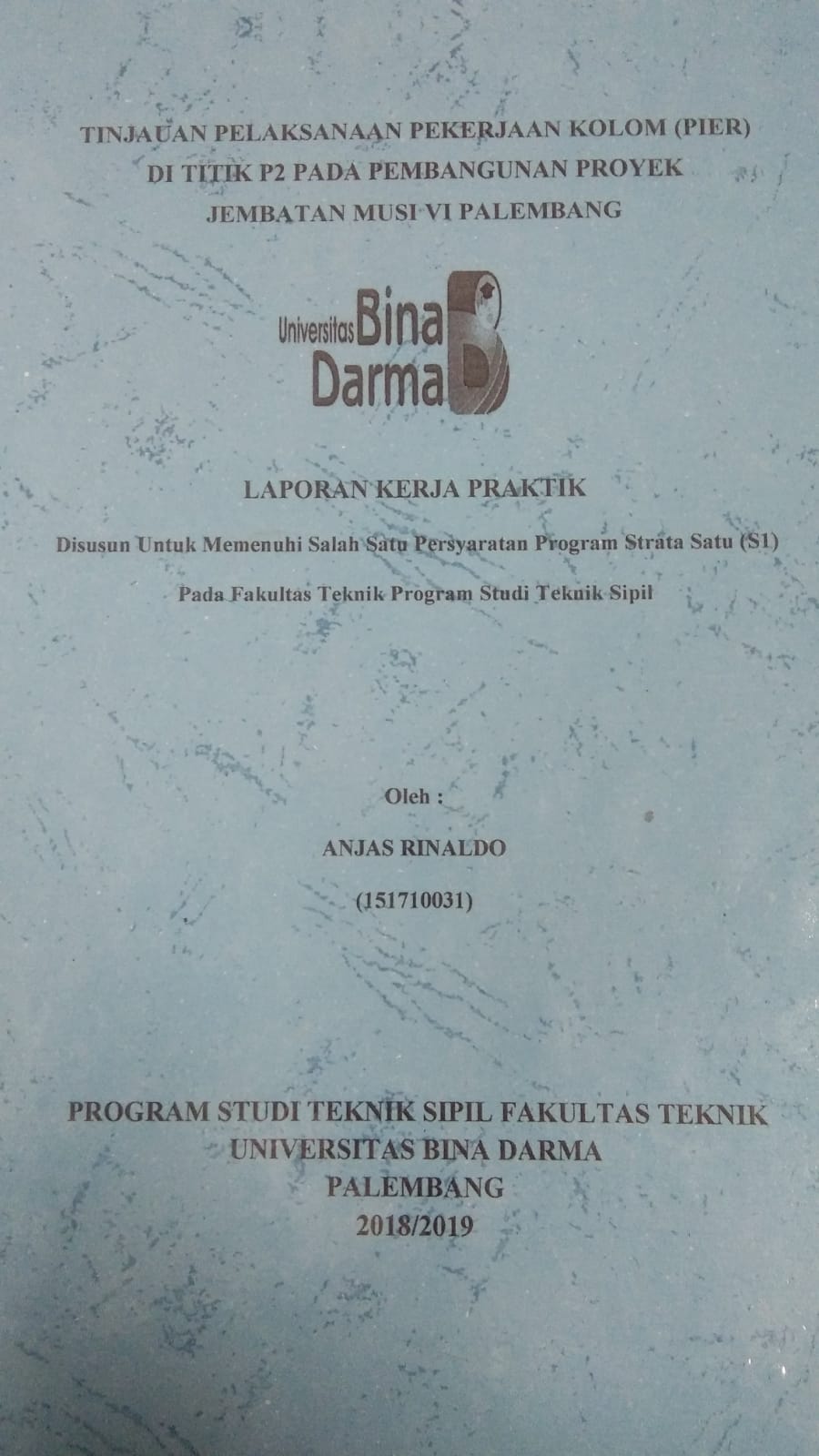 Cover TINJAUAN PELAKSANAAN PEKERJAAN KOLOM (PIER) DI TITIK P2 PADA PEMBANGUNAN PROYEK JEMBATAN MUSI VI PALEMBANG / ANJAS RINALDO