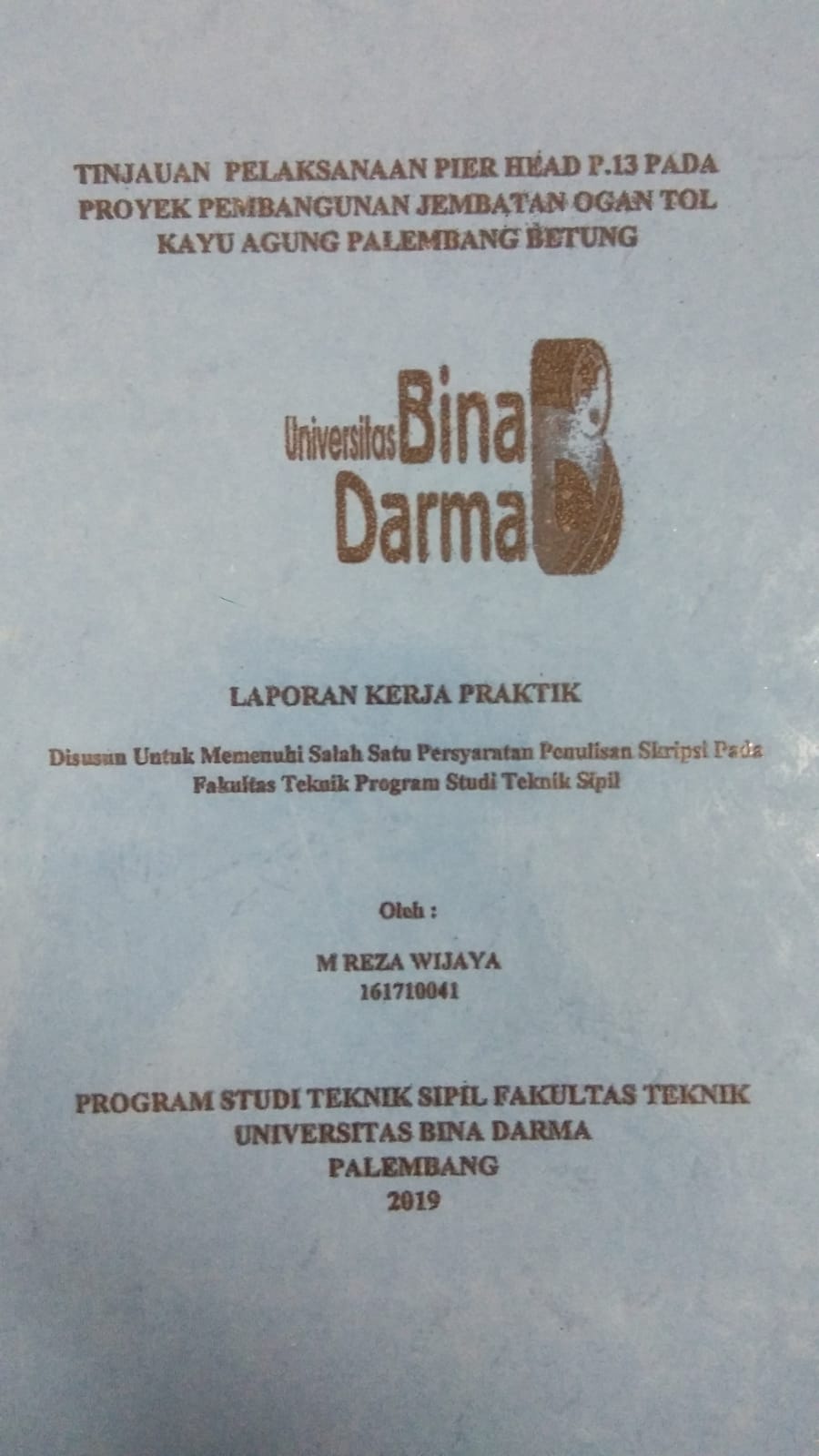 Cover TINJAUAN PELAKSANAAN PIER HEAD P.13 PADA PROYEK PEMBANGUNAN JEMBATAN OGAN TOL KAYU AGUNG PALEMBANG BETUNG / M REZA WIJAYA