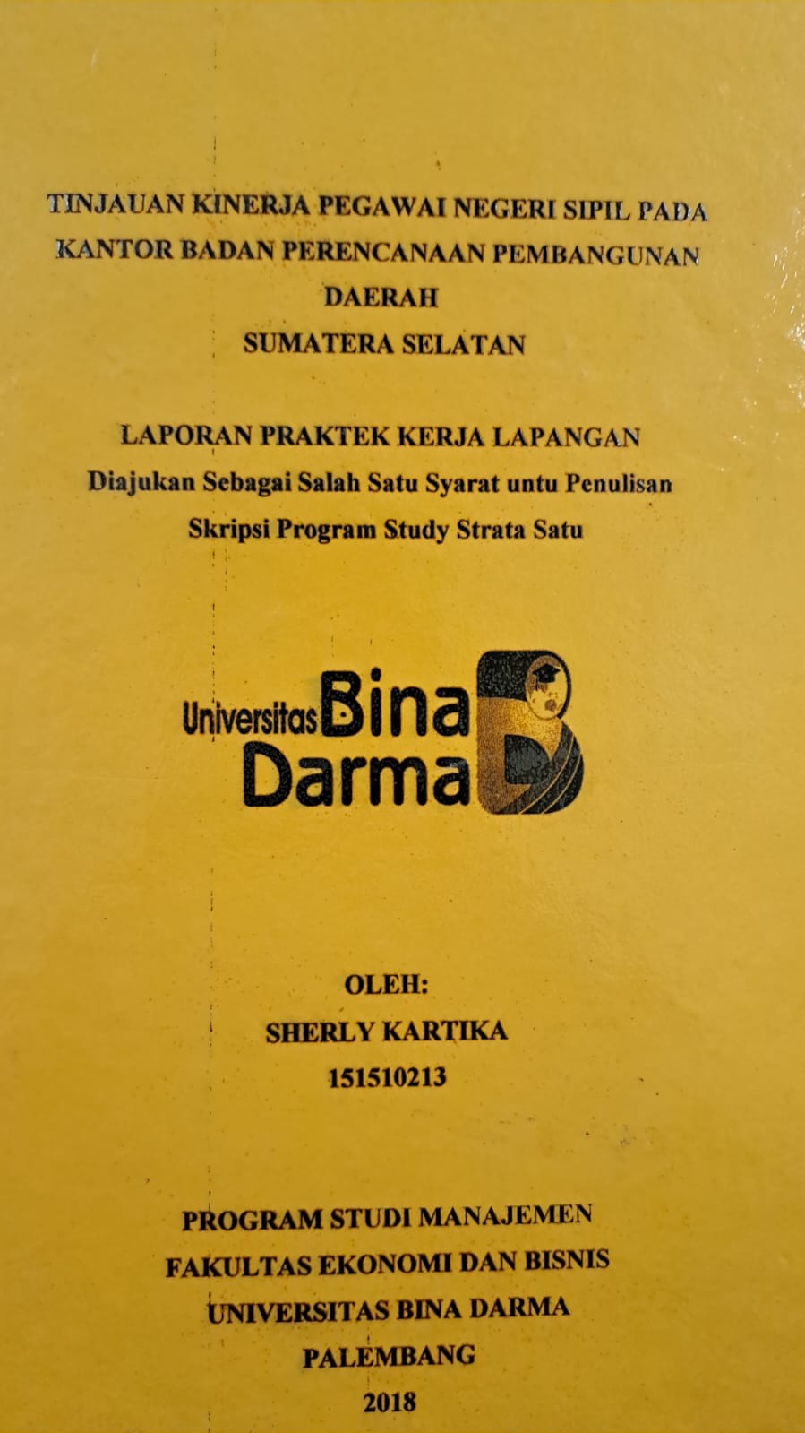 Cover TINJAUAN KINERJA PEGAWAI NEGERI SIPIL PADA KONTOR BADAN PERENCANAAN PEMBANGAUNAN DAERAH SUMATERA SELATAN / SHERLY KARTIKA