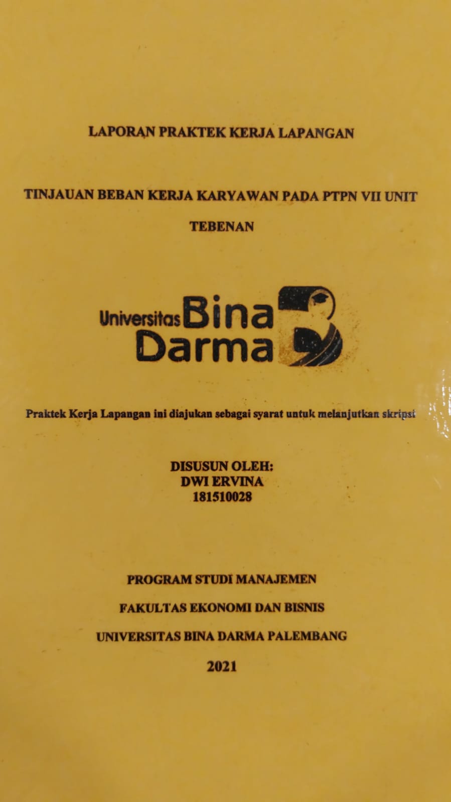 Cover TINJAUAN BEBAN KERJA KARYAWAN PADA PTPN VII UNIT TEBENAN / DWI ERVINA