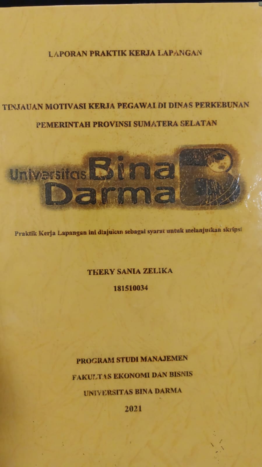 Cover TINJAUAN MOTIVASI KERJA PEGAWAI DI DINAS PERKEBUNAN PEMERINTAH PROVINSI SUMATERA SELATAN / THERY SANIA ZELIKA