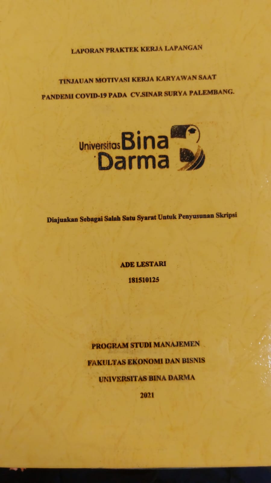 Cover TINJAUAN MOTIVASI KERJA KARYAWAN SAAT PANDEMI COVID-19 CV.SINAR SURYA PALEMBANG / ADE LESTARI