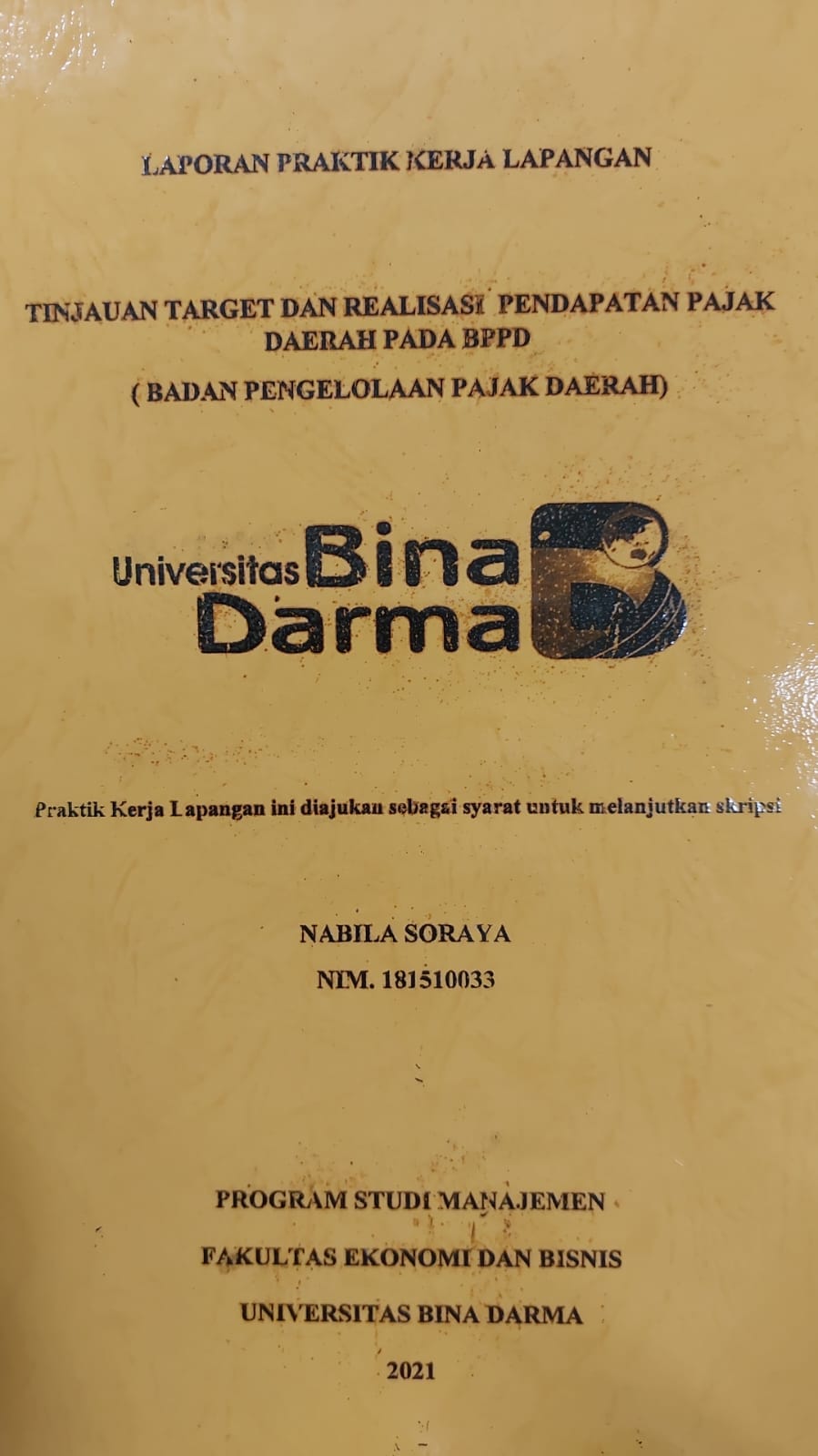 Cover TINJAUAN TARGET DAN REALISASI PENDAPATAN PAJAK DAERAH PADA BPPD (BADAN PENGELOLAAN PAJAK DAERAH) / NABILA SORAYA
