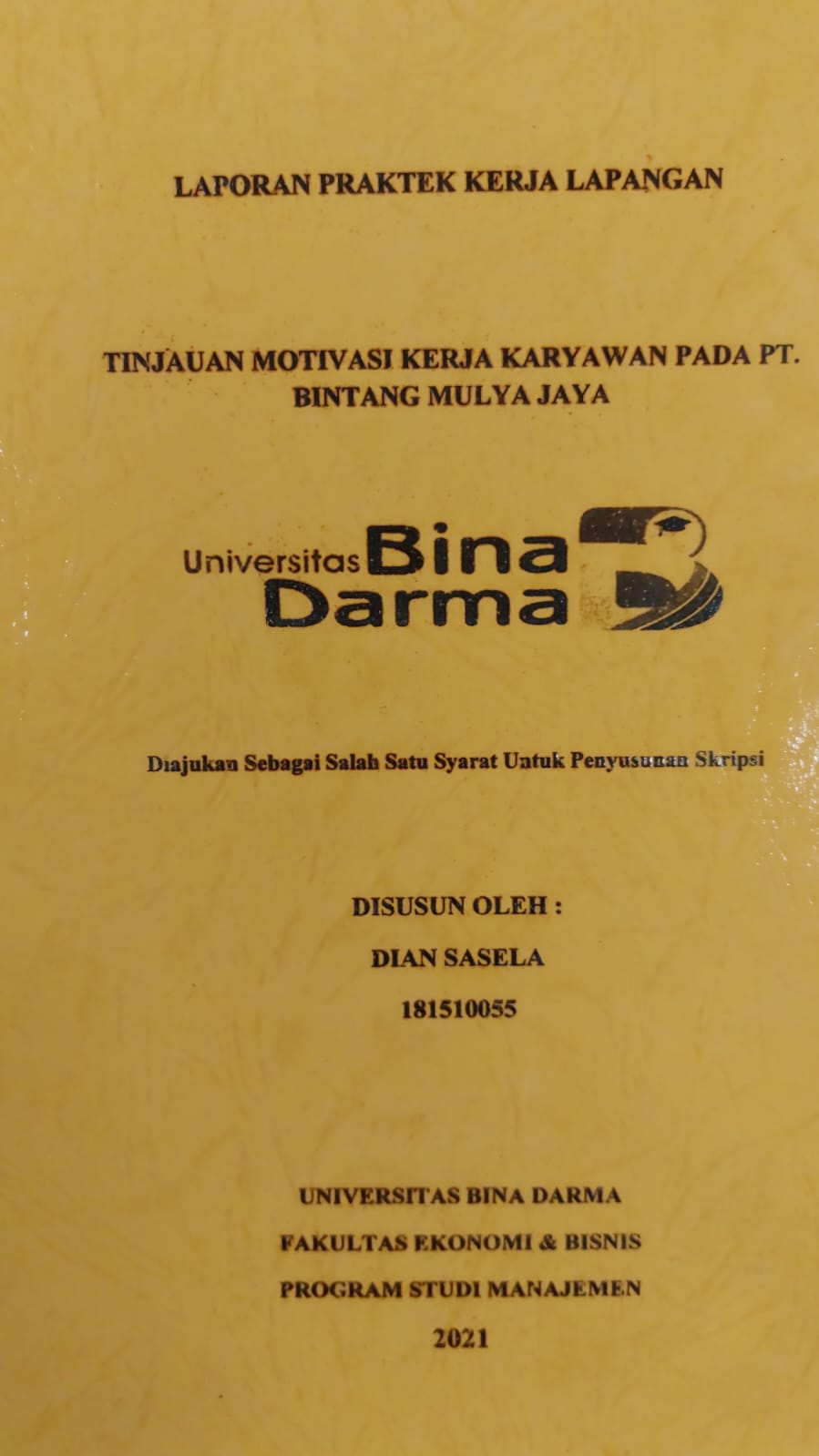 Cover TINJAUAN MOTIVASI KINERJA KARYAWAN PADA PT.BINTANG MULYA JAYA / DIAN SASELA