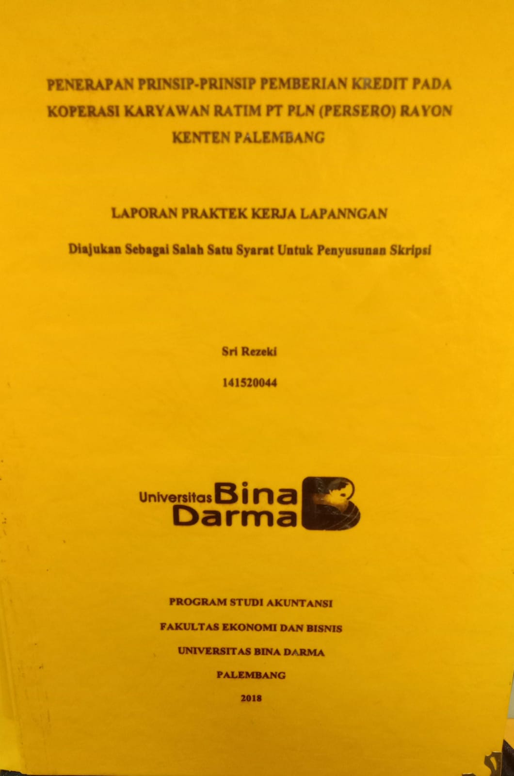 Cover PENERAPAN PRINSIP-PRINSIP PEMBERIAN KREDIT PADA KOPERASI KARYAWAN RATIM PT PL (PERSERO) RAYON KENTEN PALEMBANG / SRI REZEKI