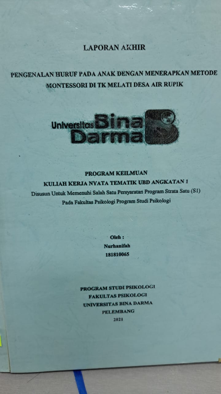 Cover PENGENALAN HURUF PADA ANAK DENGAN MENERAPKAN METODE MONTESSORI DI TK MELATI DESA AIR RUPIK / NURHANIFAH