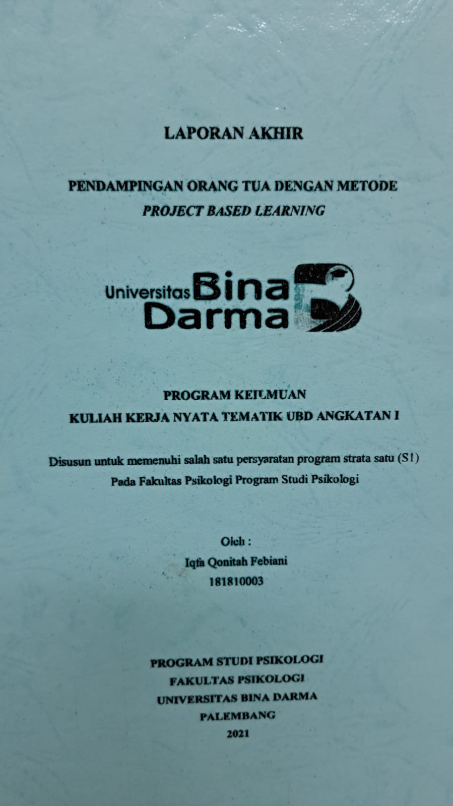 Cover PENDAMPING ORANG TUA DENGAN METODE PROJECT BASED LEARNING / IQTA QONITAH FEBIANI