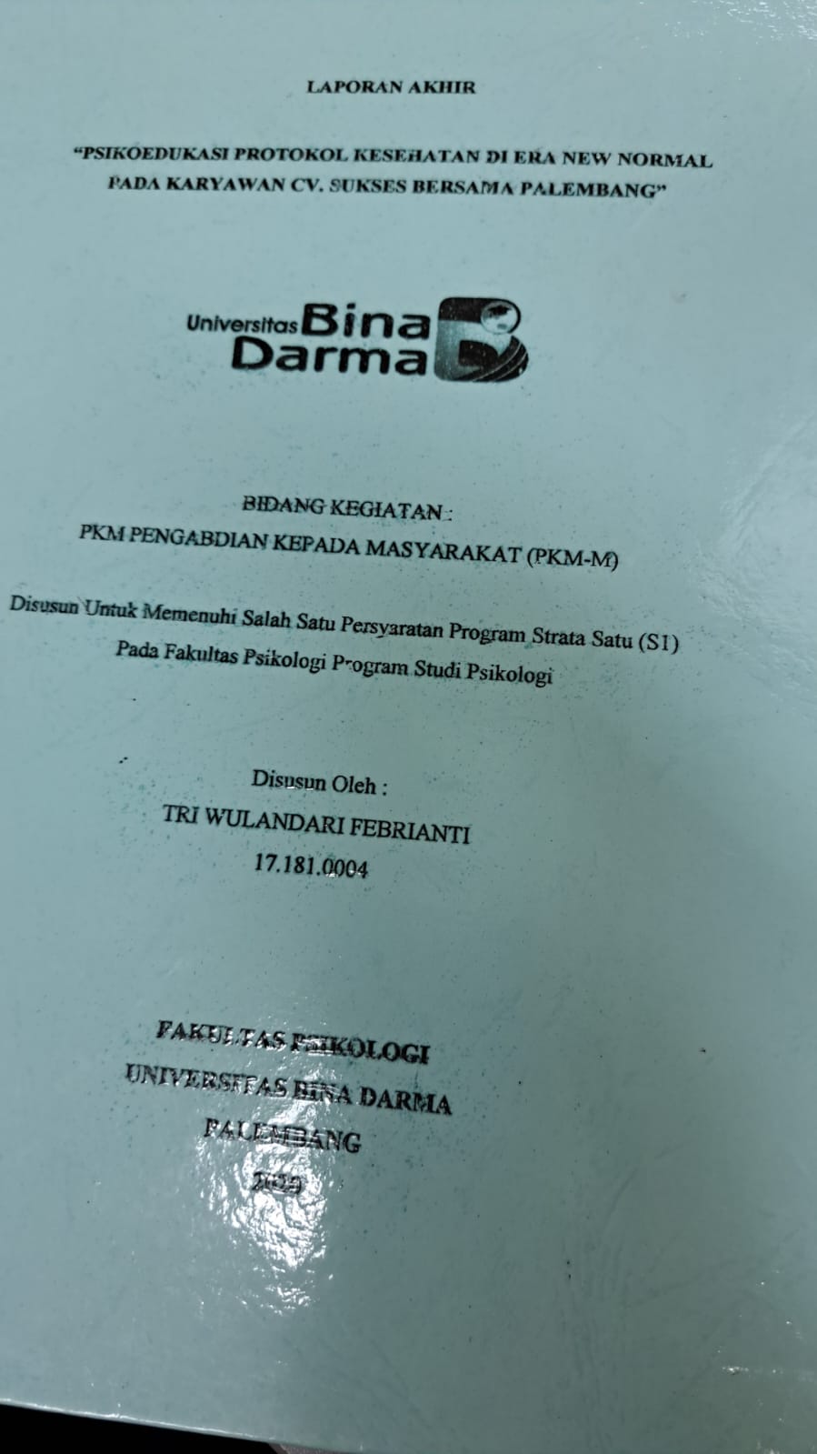 Cover PSIKOEDUKASI PROTOKOL KESEHATAN DI ERA NEW NORMAL PADA KARYAWAN CV. SUKSES BERSAMA PALEMBANG / TRI WULANDARI FEBRIANTI