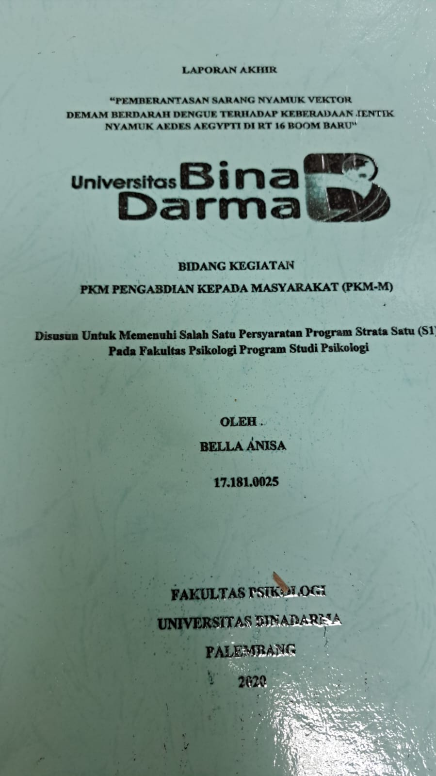 Cover PEMBERANTASAN SARANG NYAMUK VEKTOR DEMAM BERDARAH DENGUE TERHADAP KEBERADAAN JENTIK NYAMUK AEDES AEGYPYI DI RT 16 BOOM BARU / BELLA ANISA