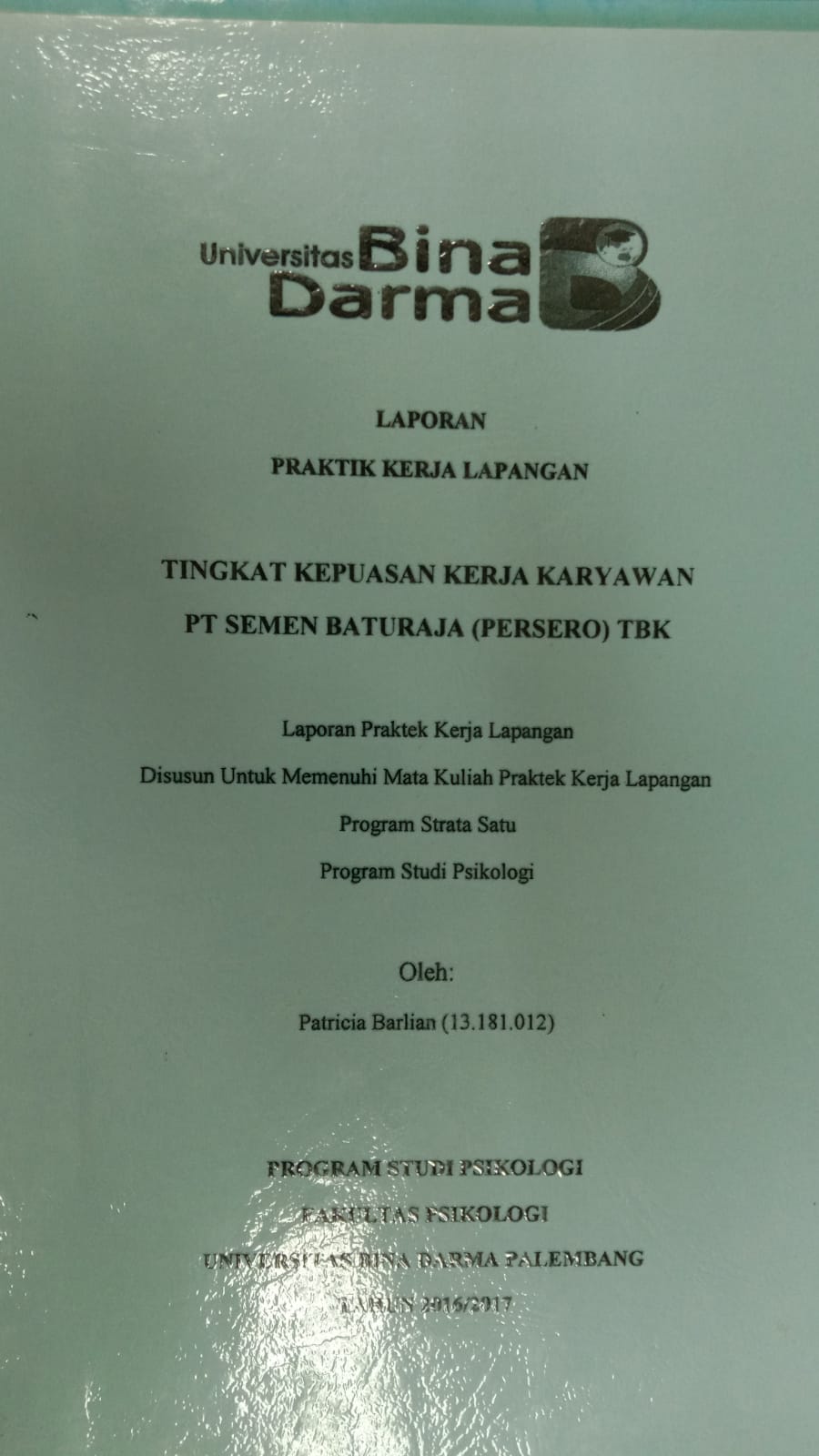 Cover TINGKAT KEPUASAN KERJA KARYWAN PT SEMEN BATURAJA (PERSERO) TBK / PATRICIA BARLIAN