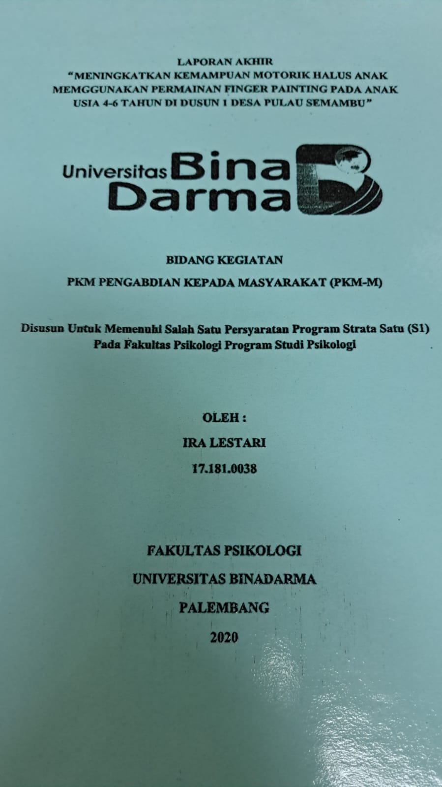 Cover MENINGKATKAN KEMAMPUAN MOTORIK HALUS ANAK MEMGGUNAKAN PERMAINAN FINGER PAINTING PADA ANAK USIA 4-6 TAHUN DI DUSUN 1 DESA PULAU SEMAMBU / IRA LESTARI
