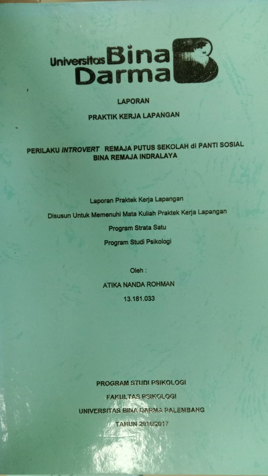 Cover PRILAKU INTROVERT REMAJA PUTUS SEKOLAH DI PANTI SOSIAL BINA REMAJA INDRALAYA / ATIKA NANDA ROHMAN
