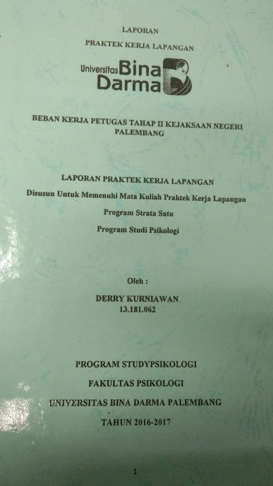 Cover BEBAN KERJA PETUGAS TAHAP II KEJAKSAAN NEGERI PALEMBANG / DERRY KURNIAWAN