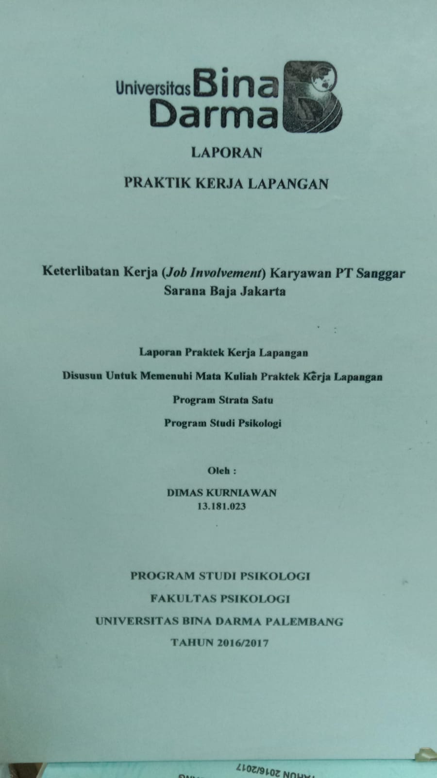 Cover KETERTIBAN KERJA (JOB INVOLVEMENT) KARYAWAN PT SANGGAR SARANA BAJA JAKARTA / DIMAS KURNIAWAN