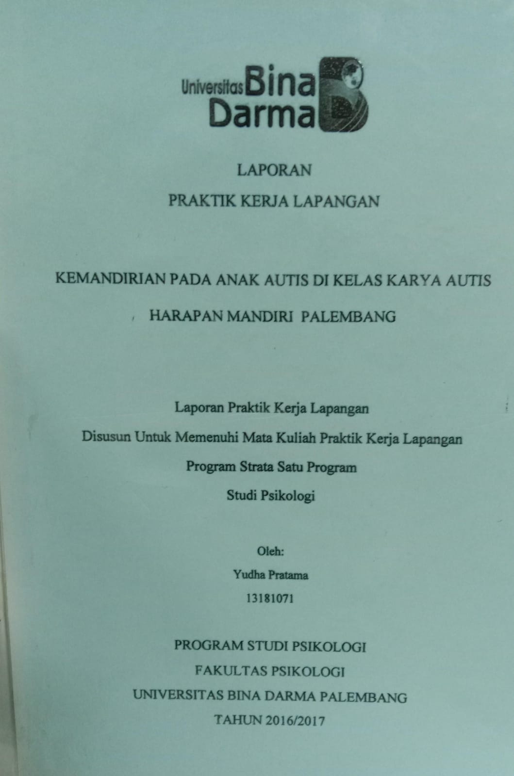 Cover KEMANDIRIAN PADA ANAK AUTIS DI KELAS KARYAWAN AUTIS HARAPAN MANDIRI PALEMBANG / YUDHA PRATAMA